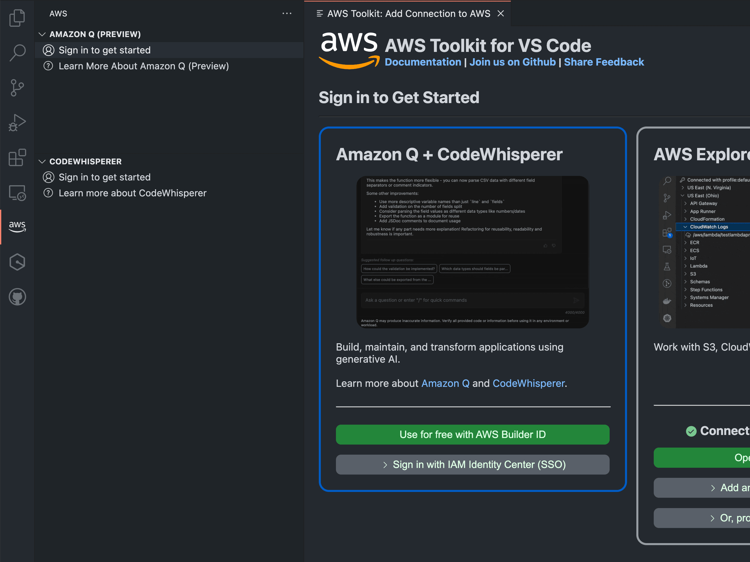 VSCode AWS Toolkit login screen