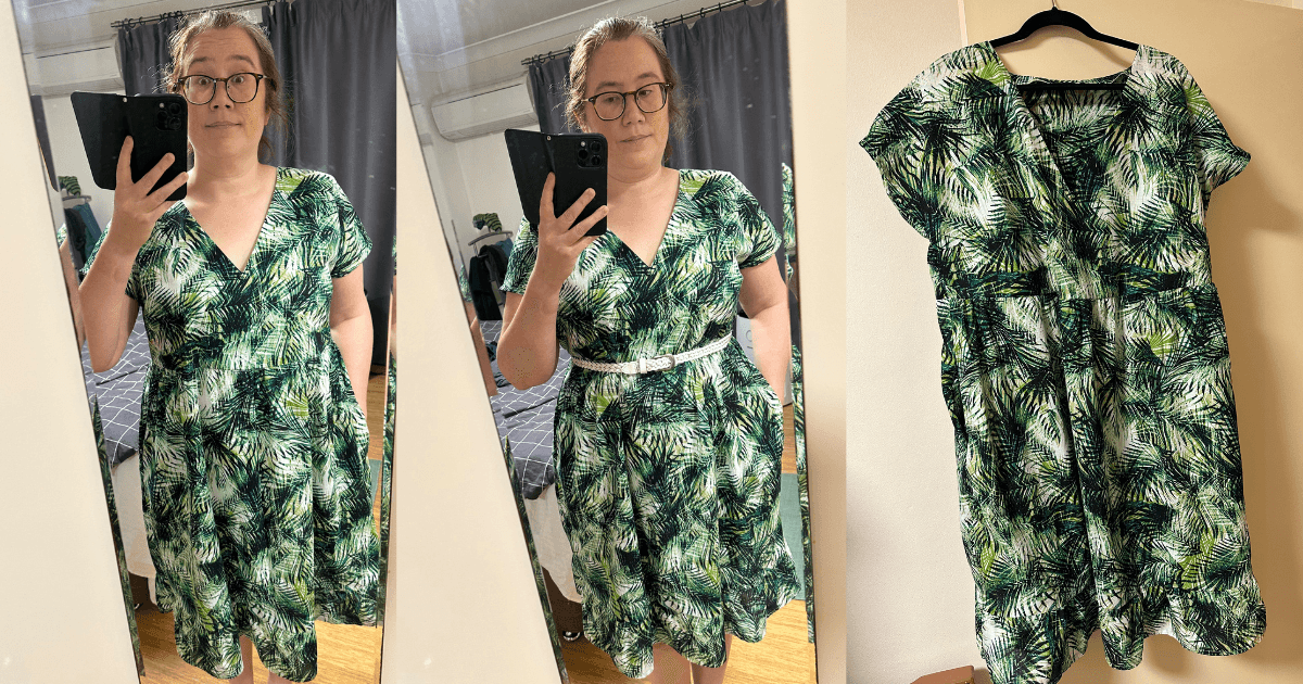 Mirror shots of me wearing the prototype dress in a green tropical fabric