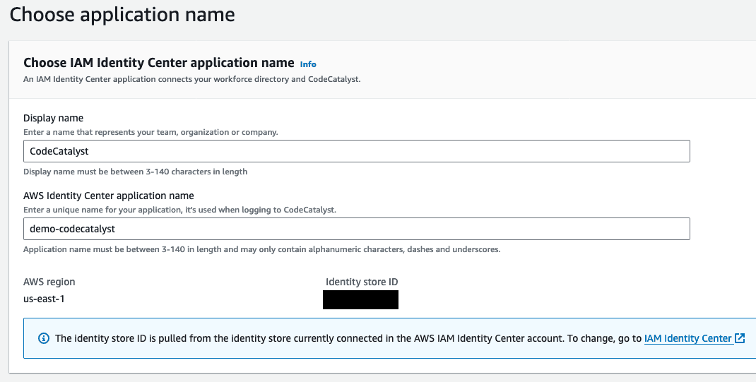 AWS Console screenshot entering the name for a IAM Identity Center app to access CodeCatalyst