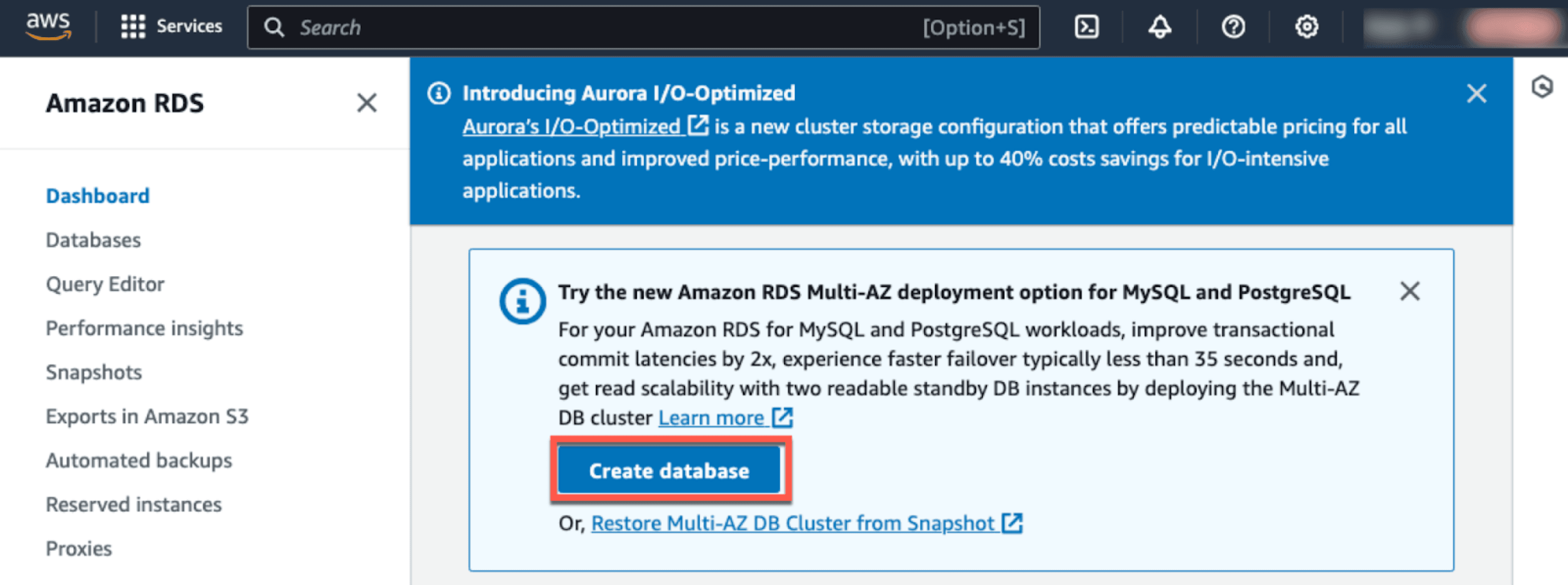 RDS Create database