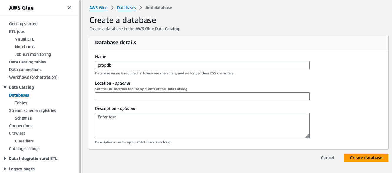 Glue Data Catalog Database