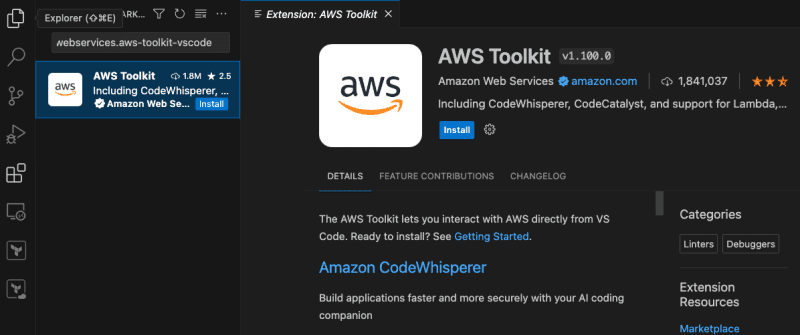 AWS Toolkit extension screenshot