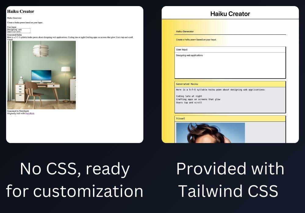 Comparison of app without CSS, and the default provided CSS
