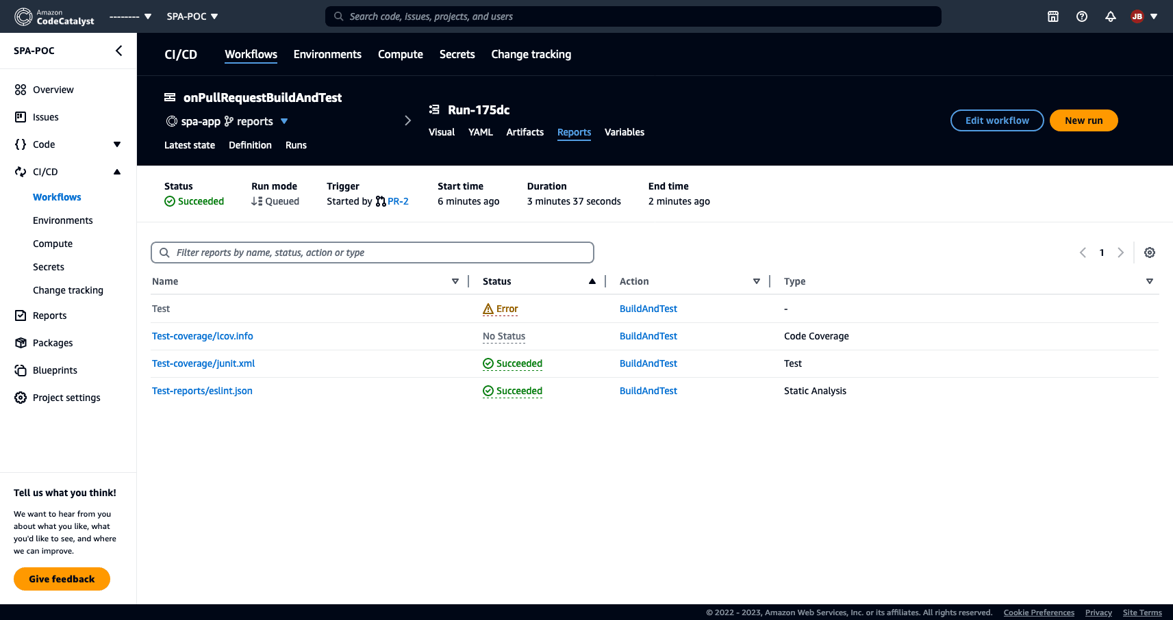 AWS CodeCatalyst page showing the reports associated with a specific run of a 'onPullRequestBuildAnd
