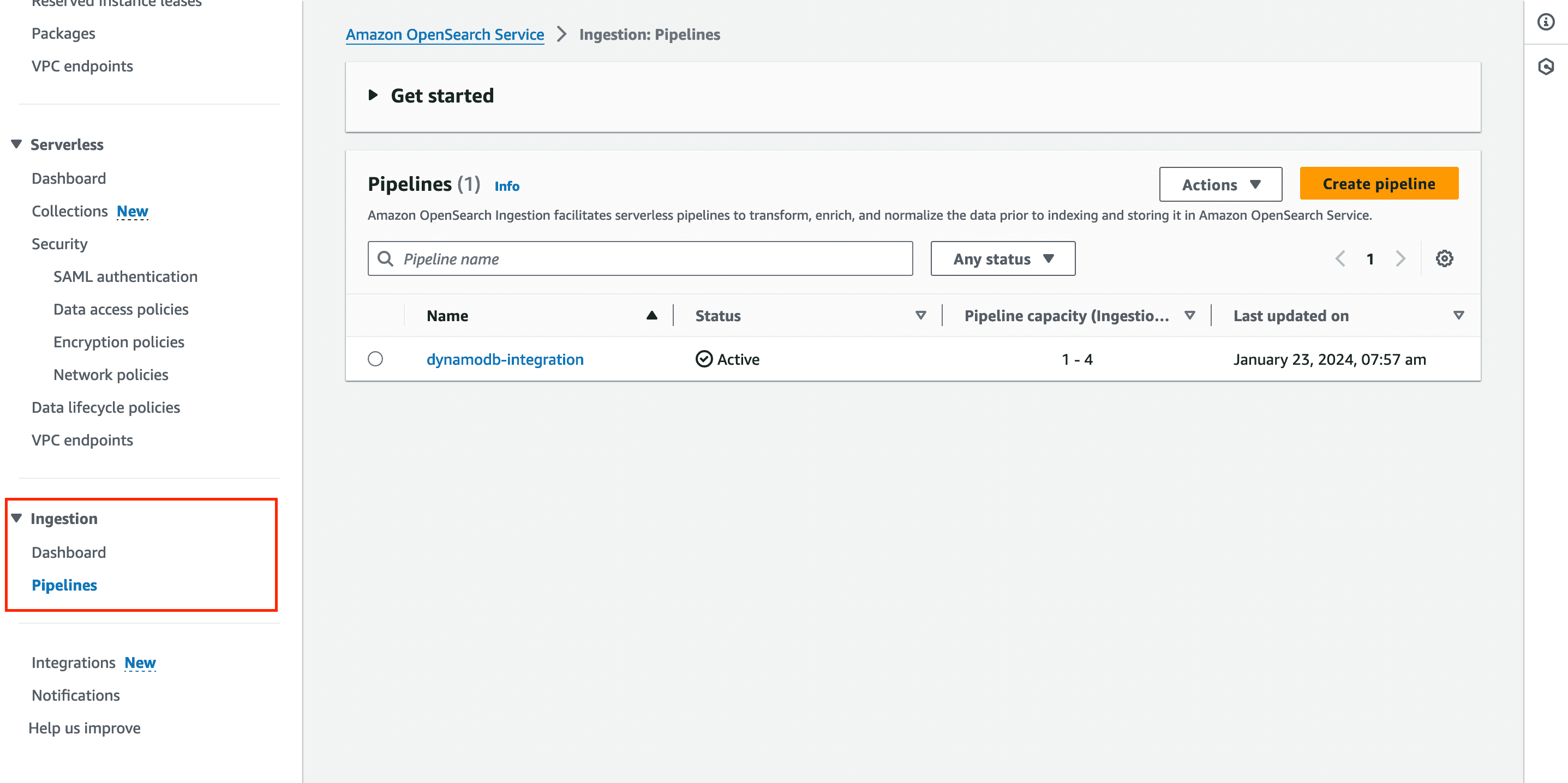 Screenshot of the AWS Console within OpenSearch service