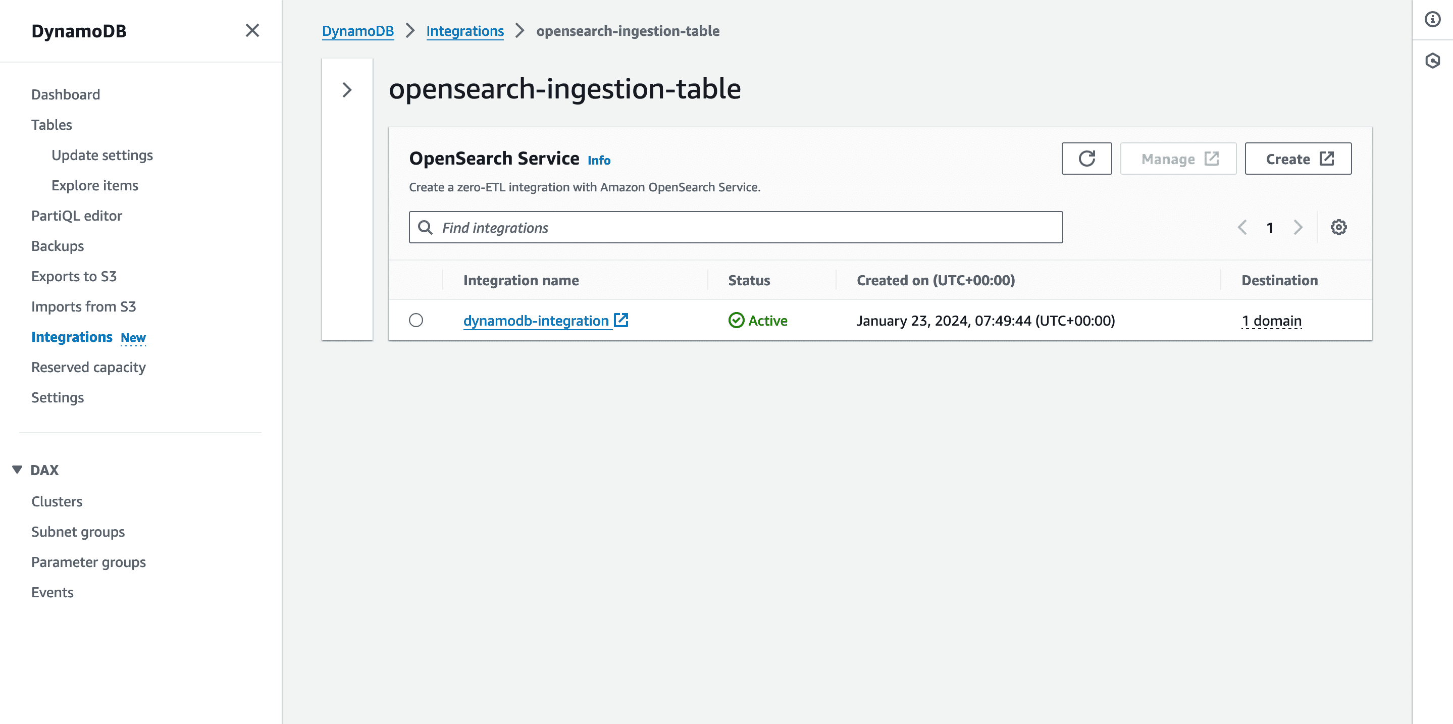 Screenshot of the AWS Console DynamoDB integrations section showing the OpenSearch set up