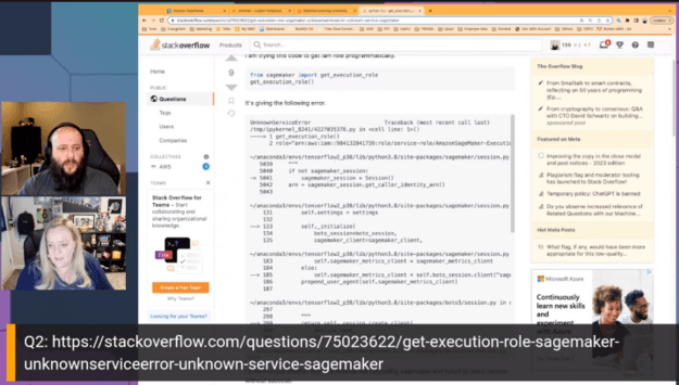 Streaming session with Julie and Cobus with a shared browser tab showing a Stack Overflow question