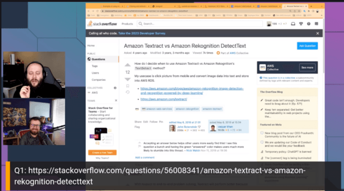 Streaming session with Chris and Cobus with a shared browser tab showing a Stack Overflow question