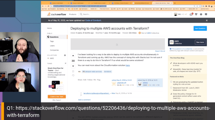Streaming session with Rohini and Cobus with a shared browser tab showing a Stack Overflow question