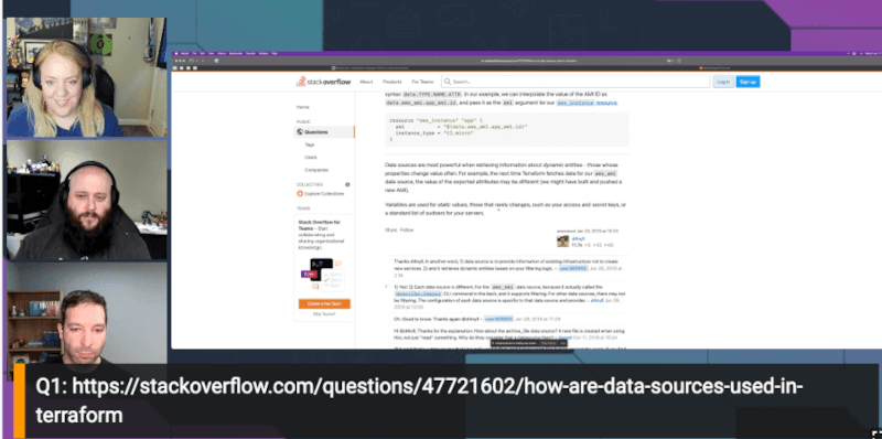 Streaming session with Kerim, Julie, and Cobus, with a shared browser tab showing a Stack Overflow question