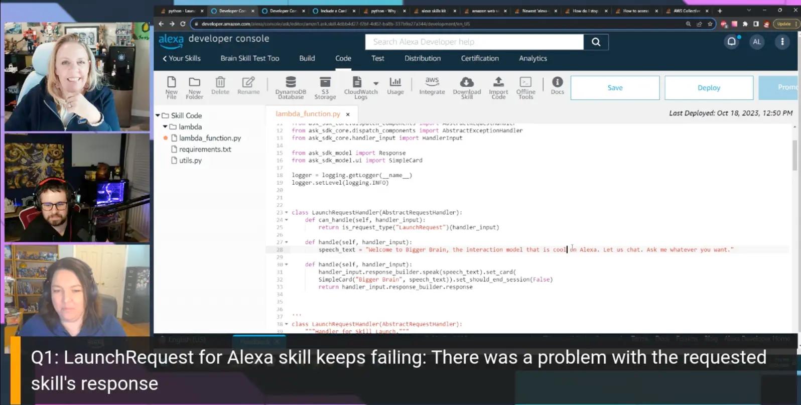 Streaming session with Julie, Chris, and Amanda showing a AWS Lambda function to use an Alexa skill