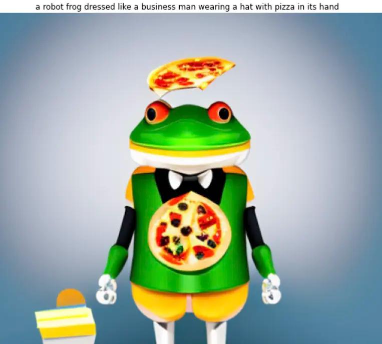 Prompt #1: A Robot Frog Dressed like a business man wearing a hat with pizza in it's hand