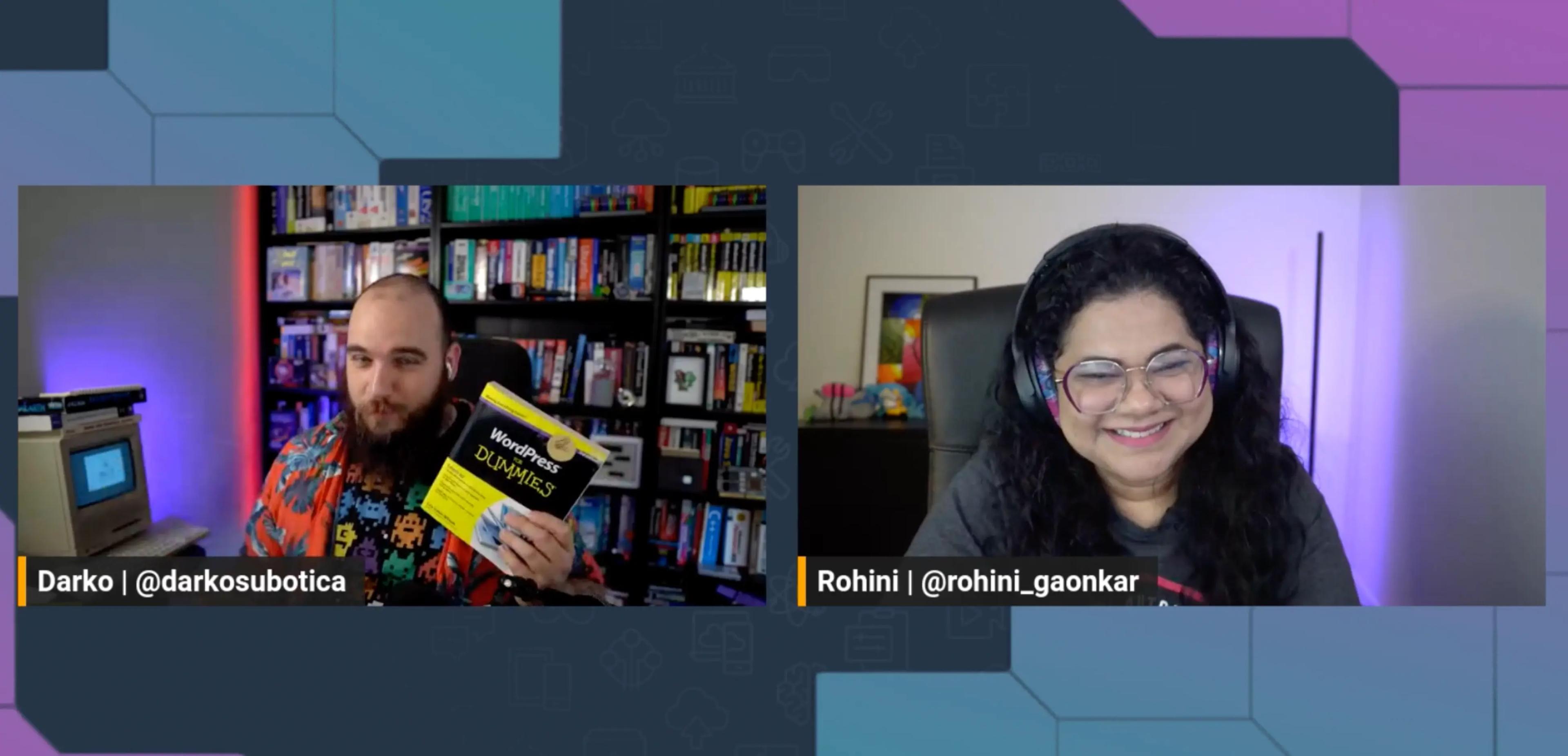 Screenshot of Rohini and Darko, while Darko is holding a 'for dummies' book