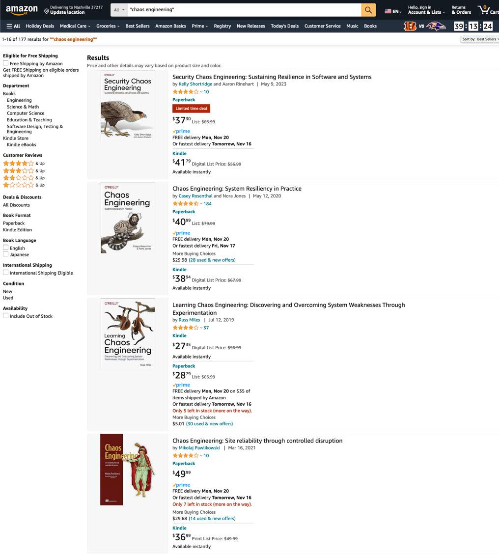 Amazon search results page showing results for the query: chaos engineering