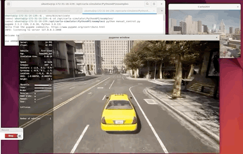 Animation of a car driving with different windows with data on Ubuntu