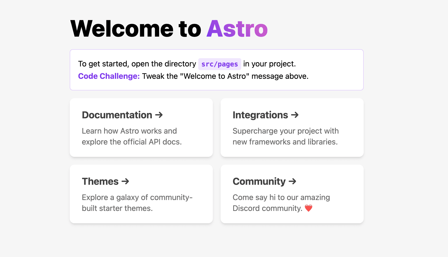 A freshly-scaffolded Astro app