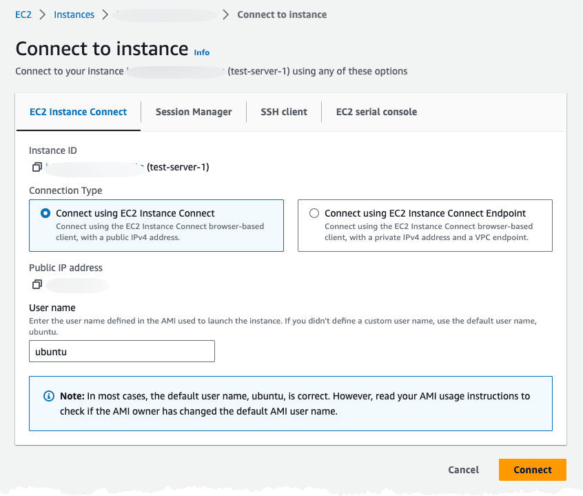 Image showing connecting to EC2 instance using instance connect.