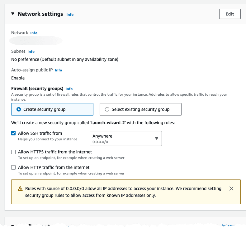Image showing the EC2 instance network settings.