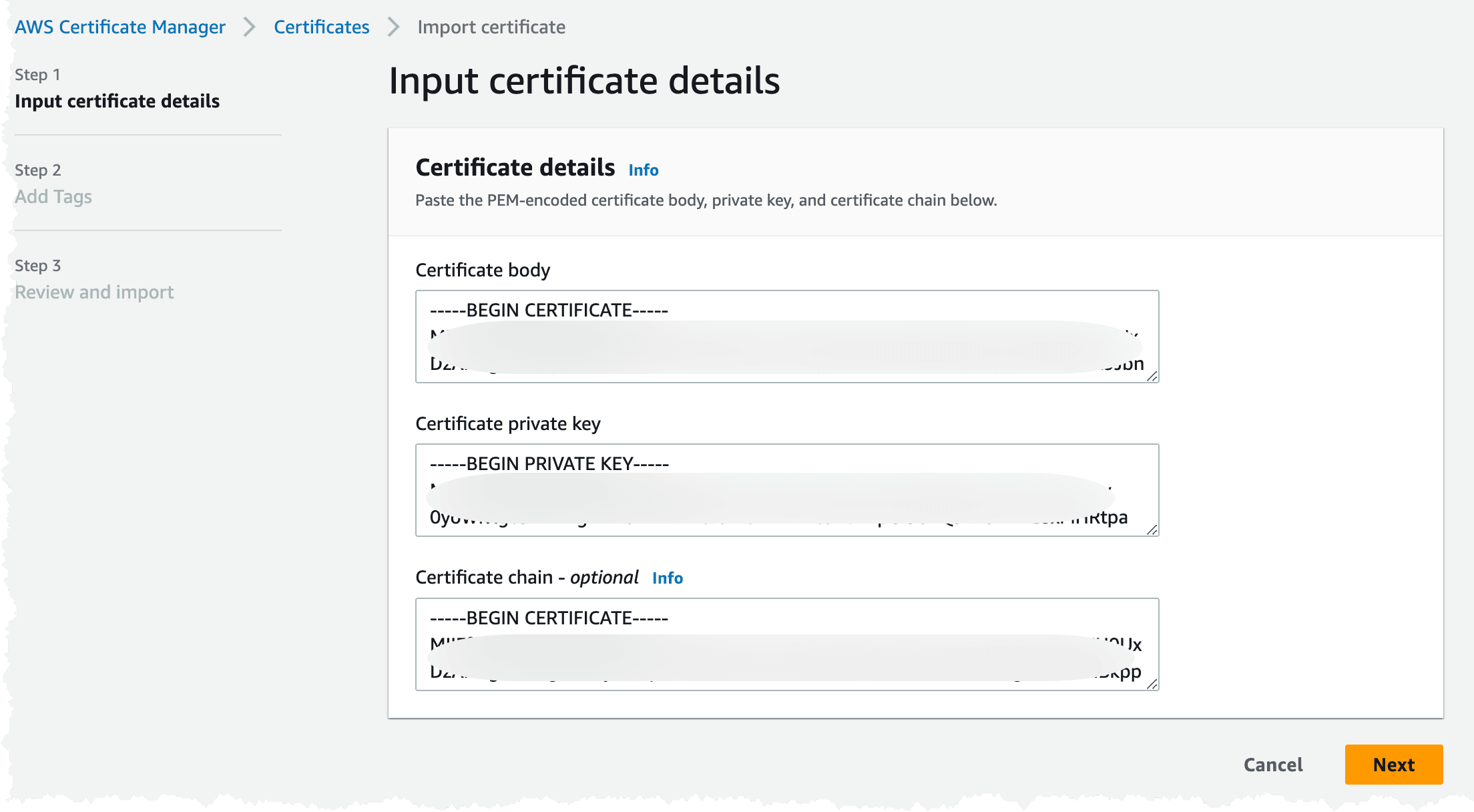 Image showing the import of server certificate to ACM.