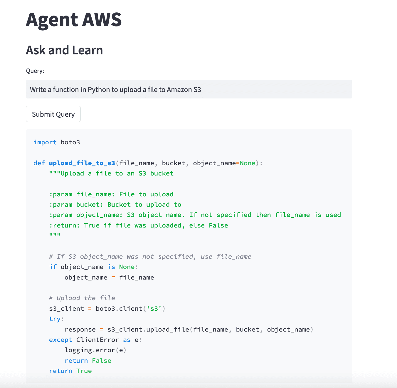 Agent AWS generates code
