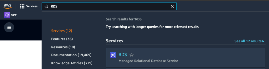 Find the RDS console using the search bar