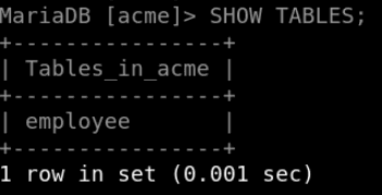 List the tables in the acme database