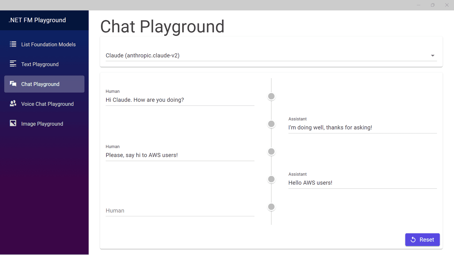 Chat playground view of the .NET FM Playground sample app