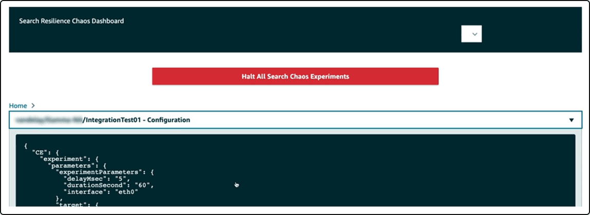 Screenshot showing UX front-end for Amazon Search Chaos Orchestrator
