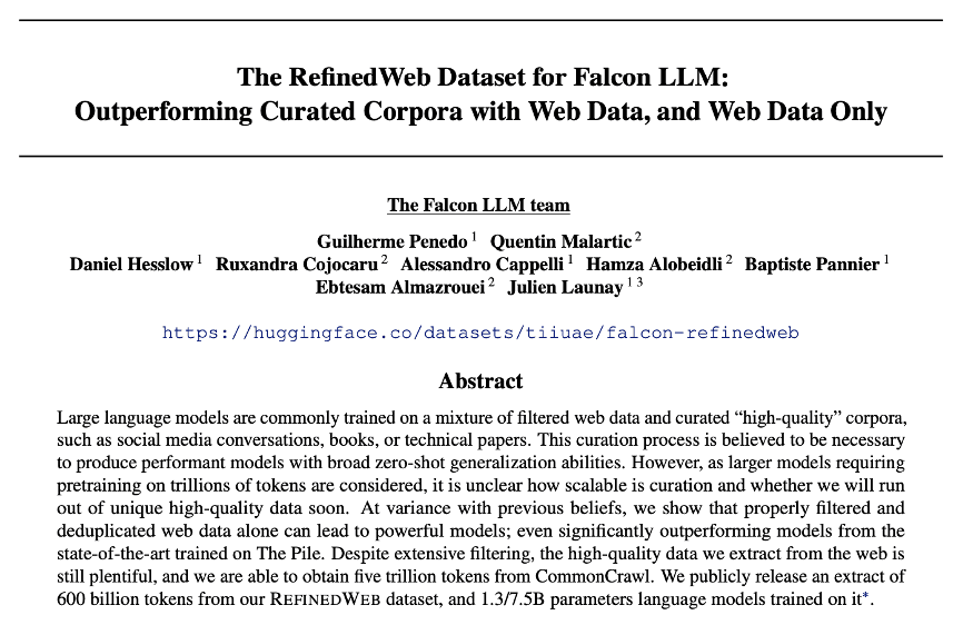 The RefinedWeb Dataset for Falcon LLM