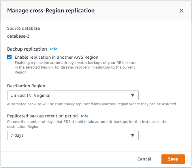 Configuring backup replication to another Region by modifying an existing DB