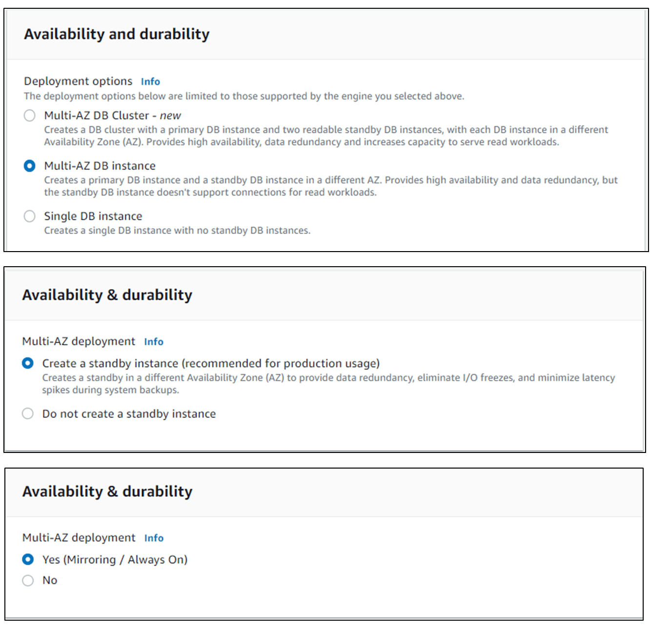 Availability and durability options for Amazon RDS