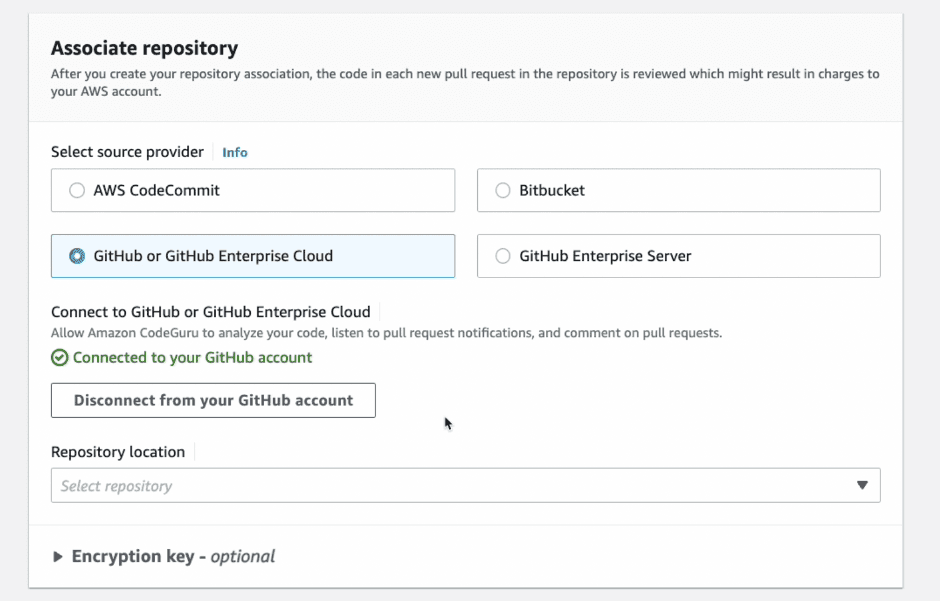 Shows Associate repository step in the CodeGuru wizard with "GitHub or GitHub Enterprise Cloud" option selected.