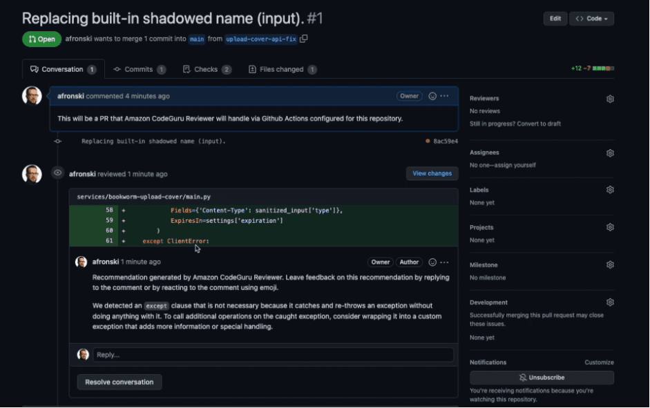 Shows example recommendation from CodeGuru Reviewer inside GitHub PR UI after running it as a GitHub Actions pipeline.