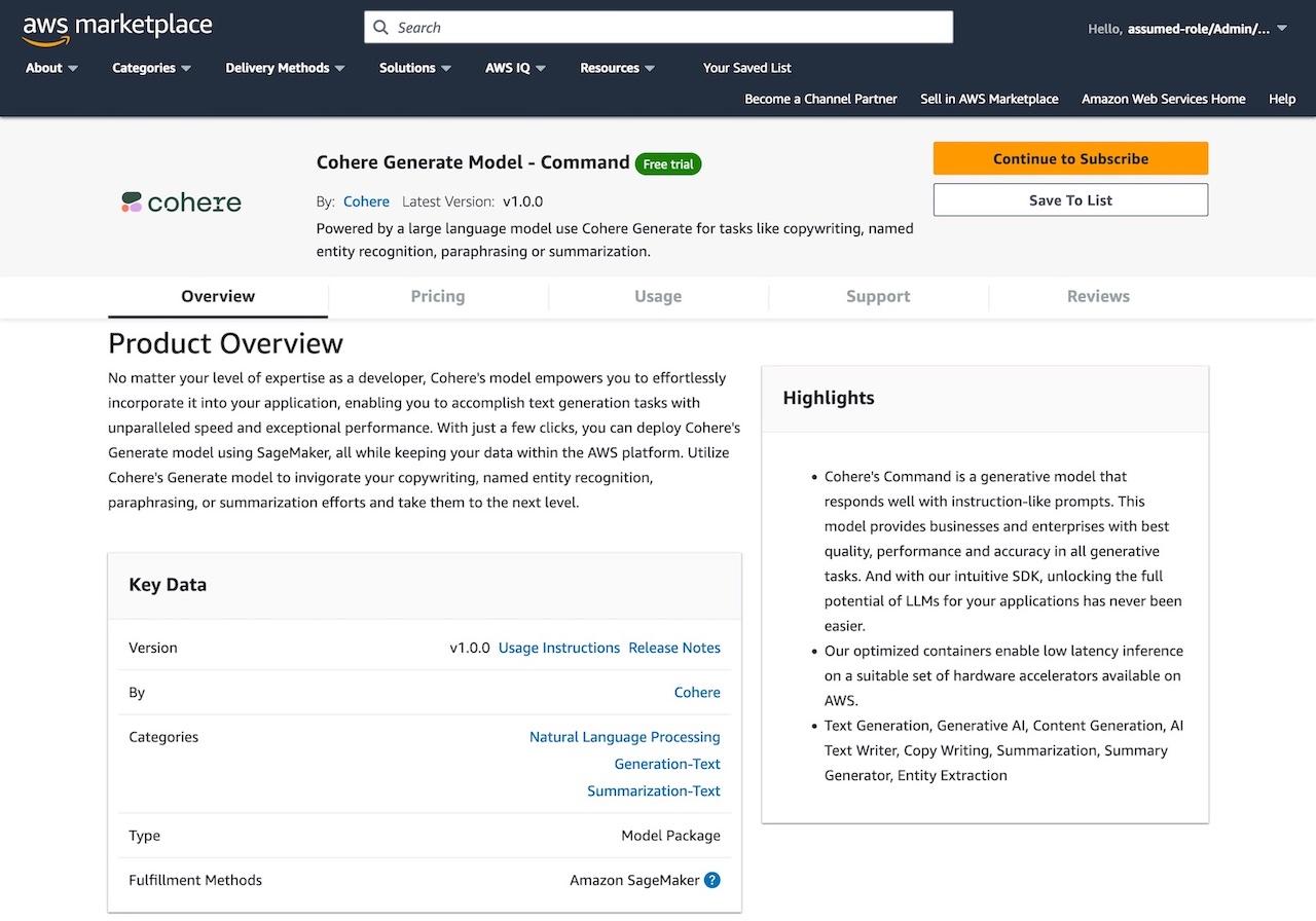 Susbcribing Cohere model in AWS Marketplace