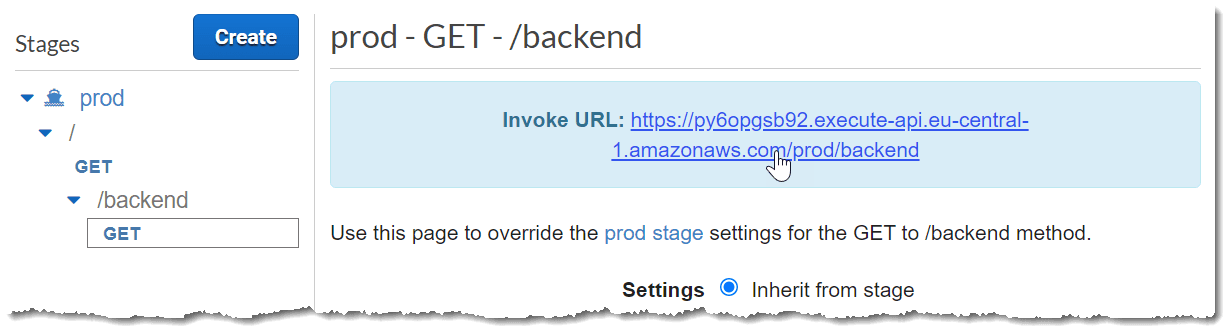 Screenshot of the backend endpoint's invoke URL