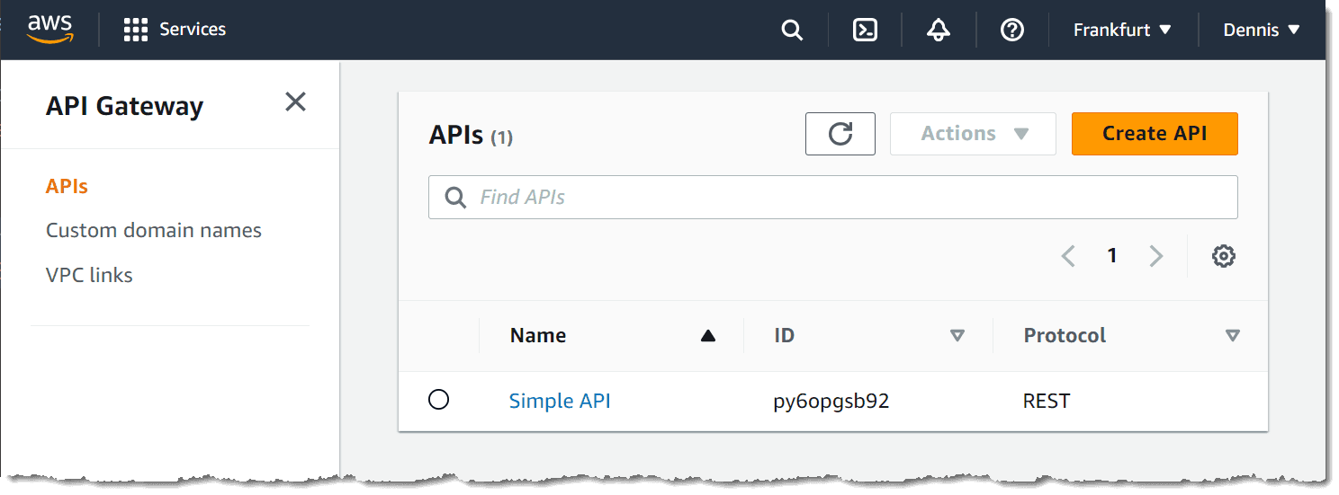 Screenshot of the list of APIs, including the Simple API
