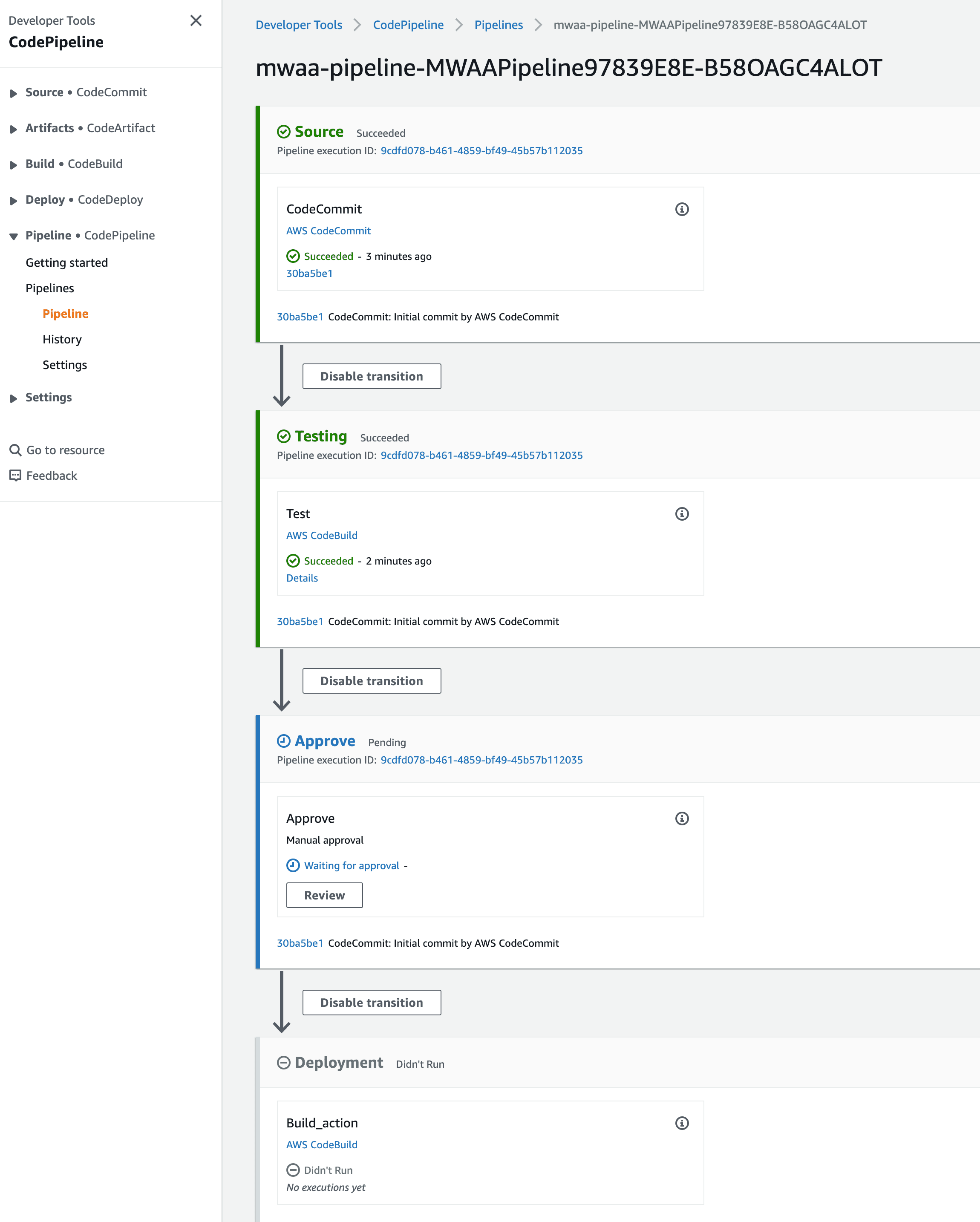 Sample screen from codepipeline that shows waiting for approval