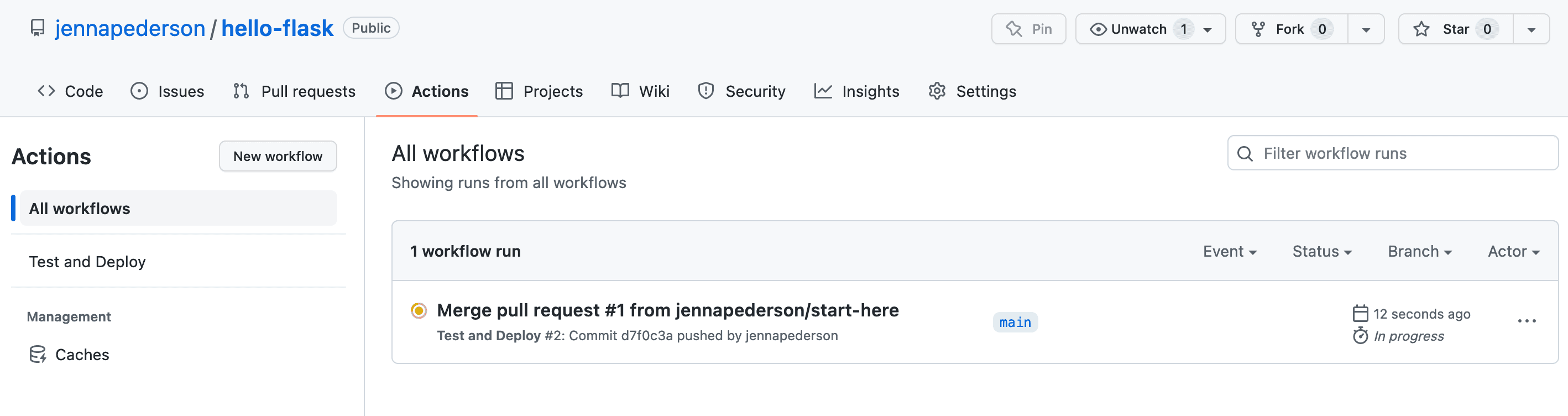 Shows the Actions tab of the hello-flask GitHub repo, where one workflow run has started
