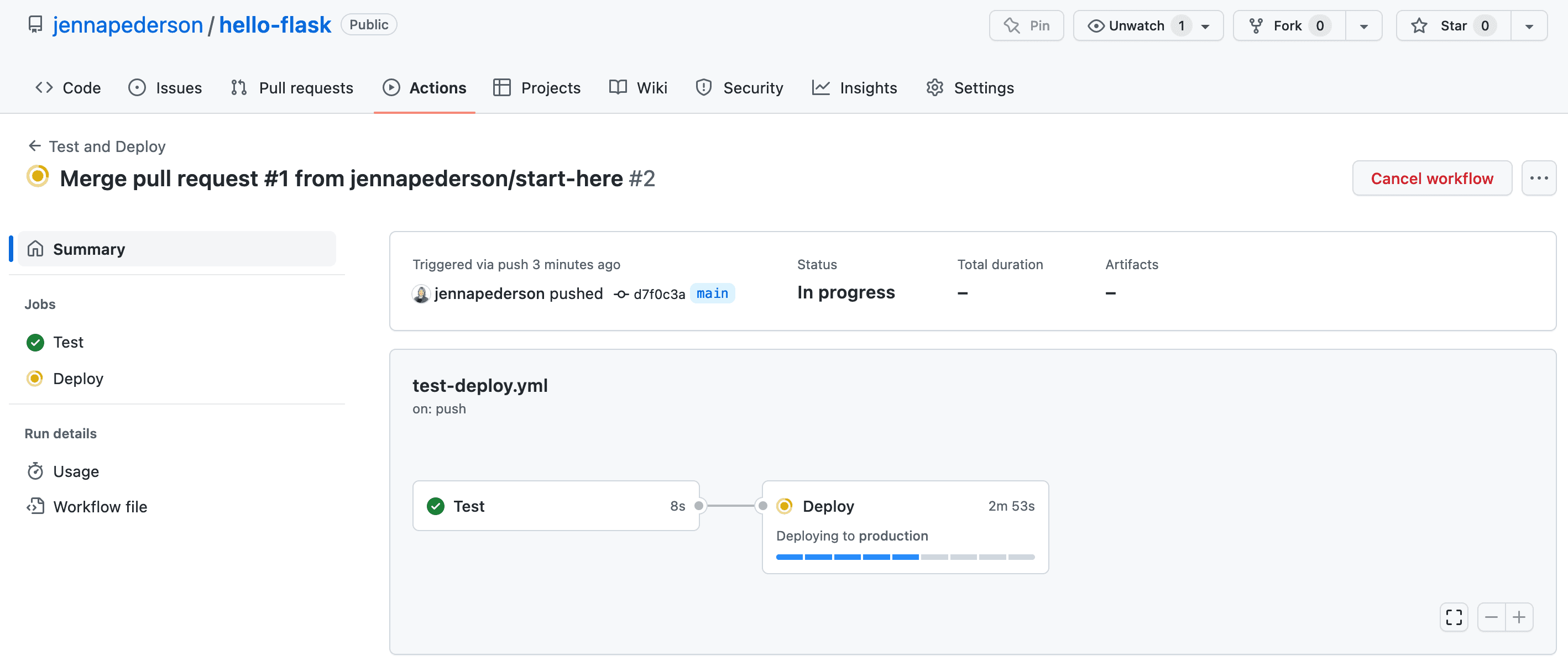 Shows the Actions tab of the  GitHub repo and the details page of the running workflow, where the Test job has completed successfully and the Deploy job is in progress