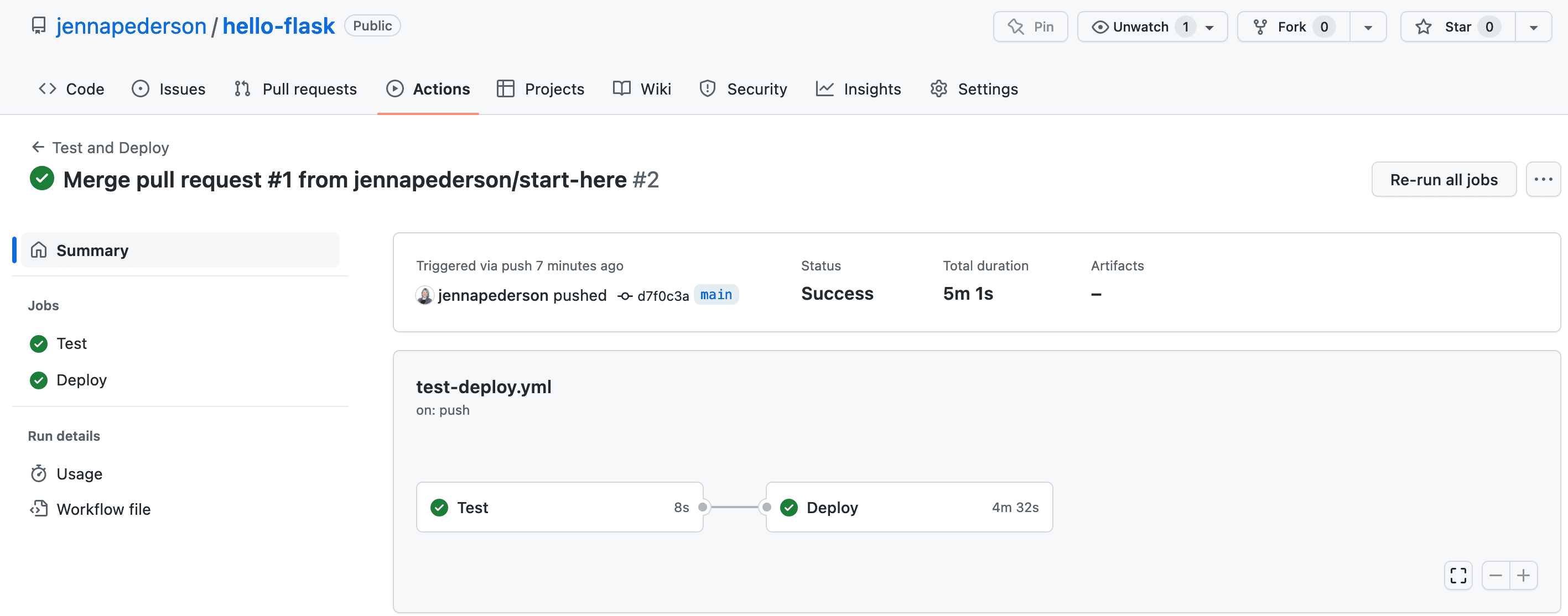 Shows the Actions tab of the hello-flask GitHub repo and the details page of the running workflow, where both the Test and Deploy jobs have completed successfully