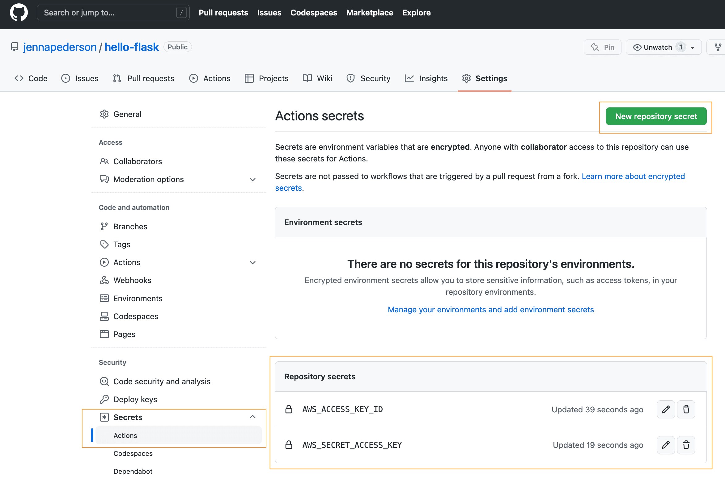 Shows the Settings tab of the hello-flask GitHub repo, highlighting the Secrets-Actions menu item and the two new repository secrets, AWS_ACCESS_KEY_ID and AWS_SECRET_ACCESS_KEY