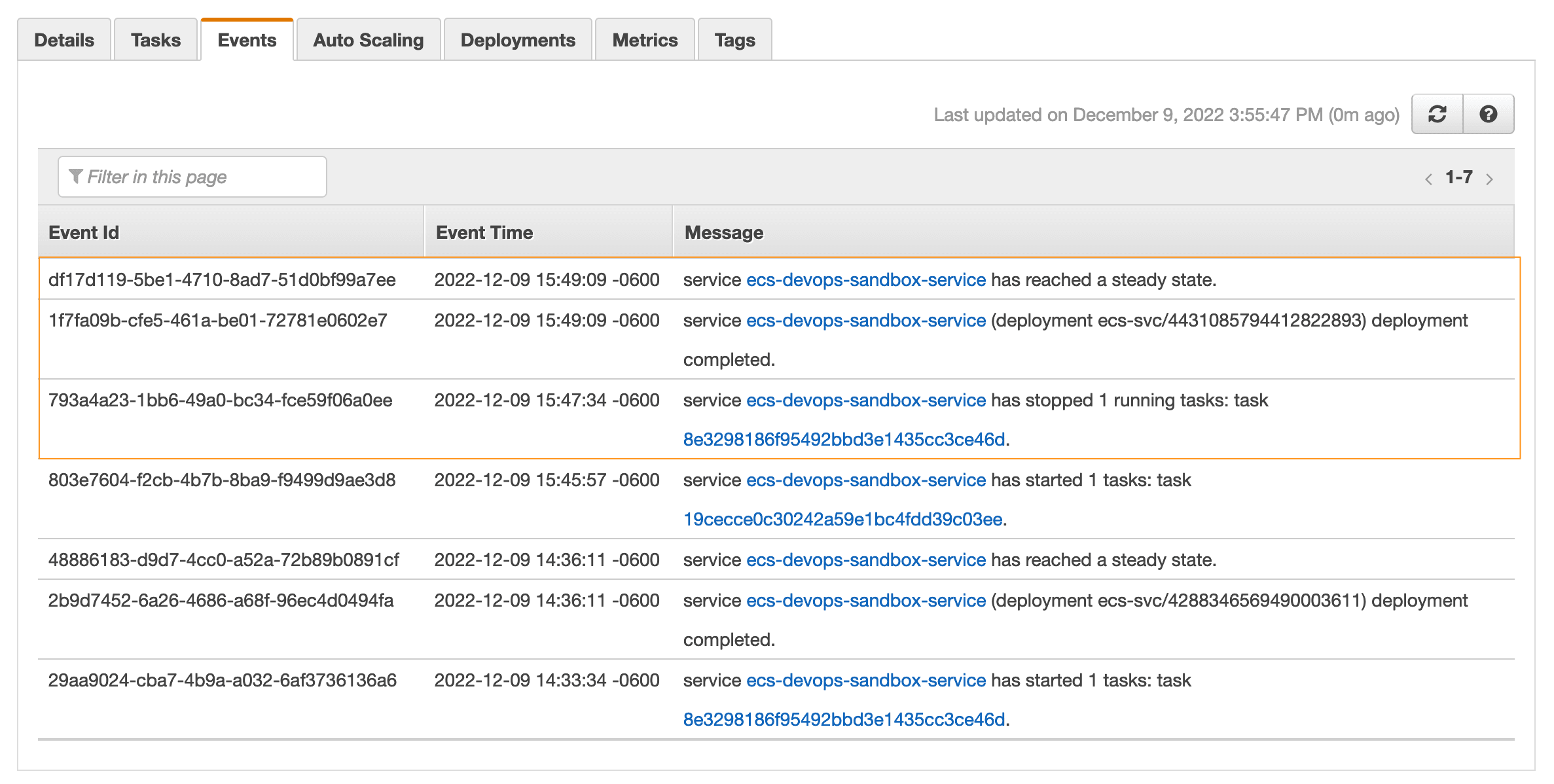 Shows the Events tab for the ECS service in the AWS Console, with the 3 deployment events highlighted