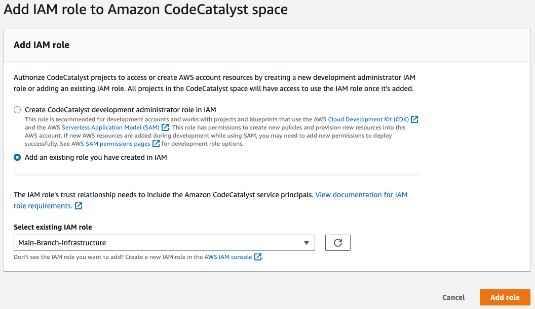 Dialog showing configuration to add an existing IAM role to CodeCatalyst.