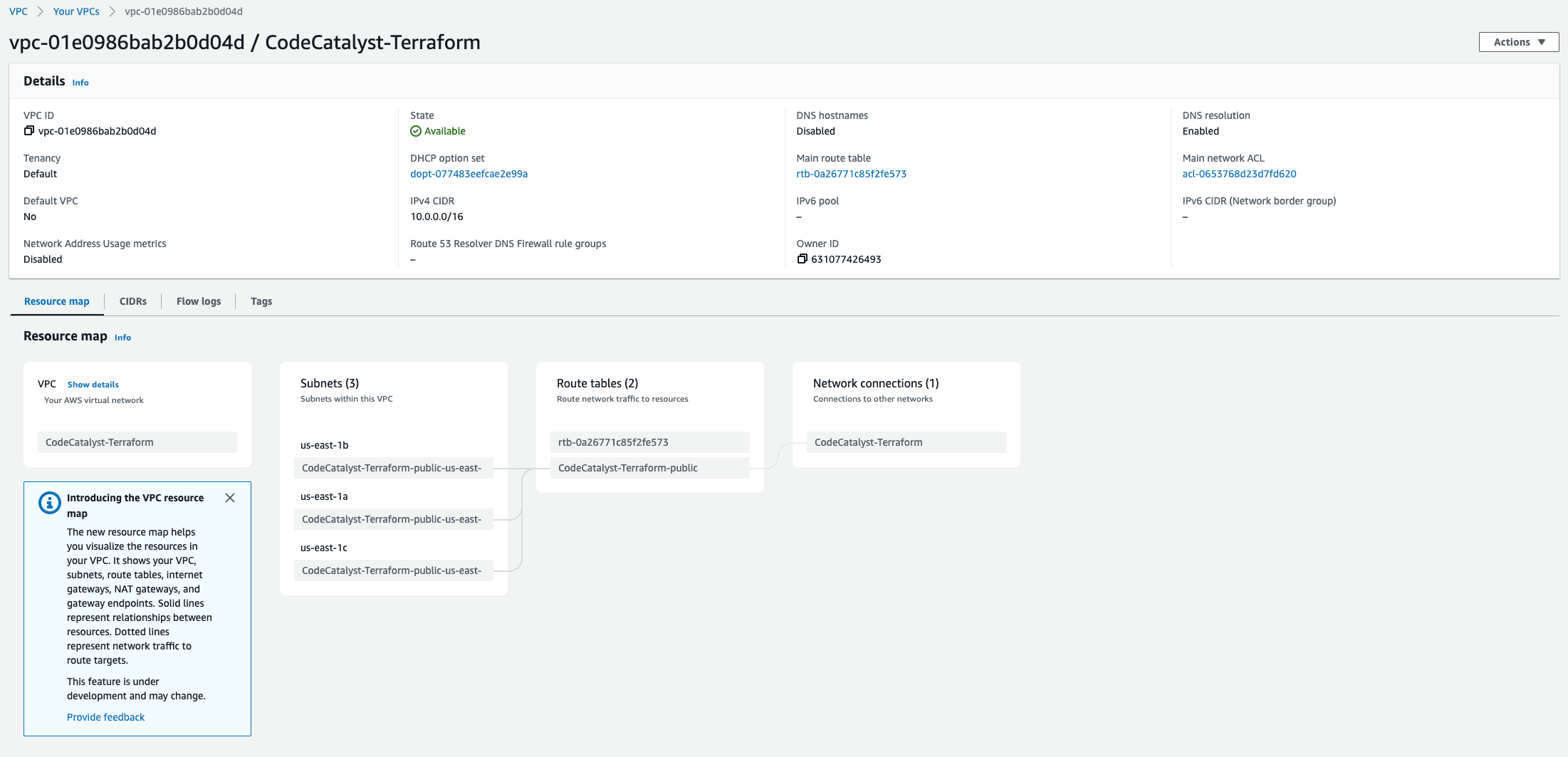 AWS Console displaying details of the VPC just created