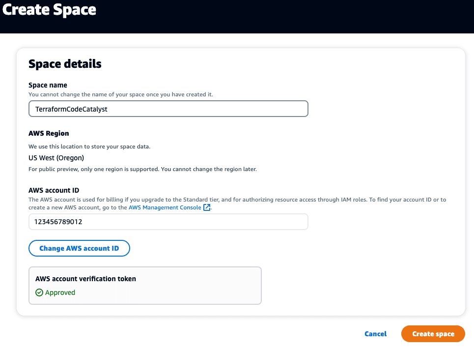 Dialog showing a CodeCatalyst Space after successfully adding an AWS account to it