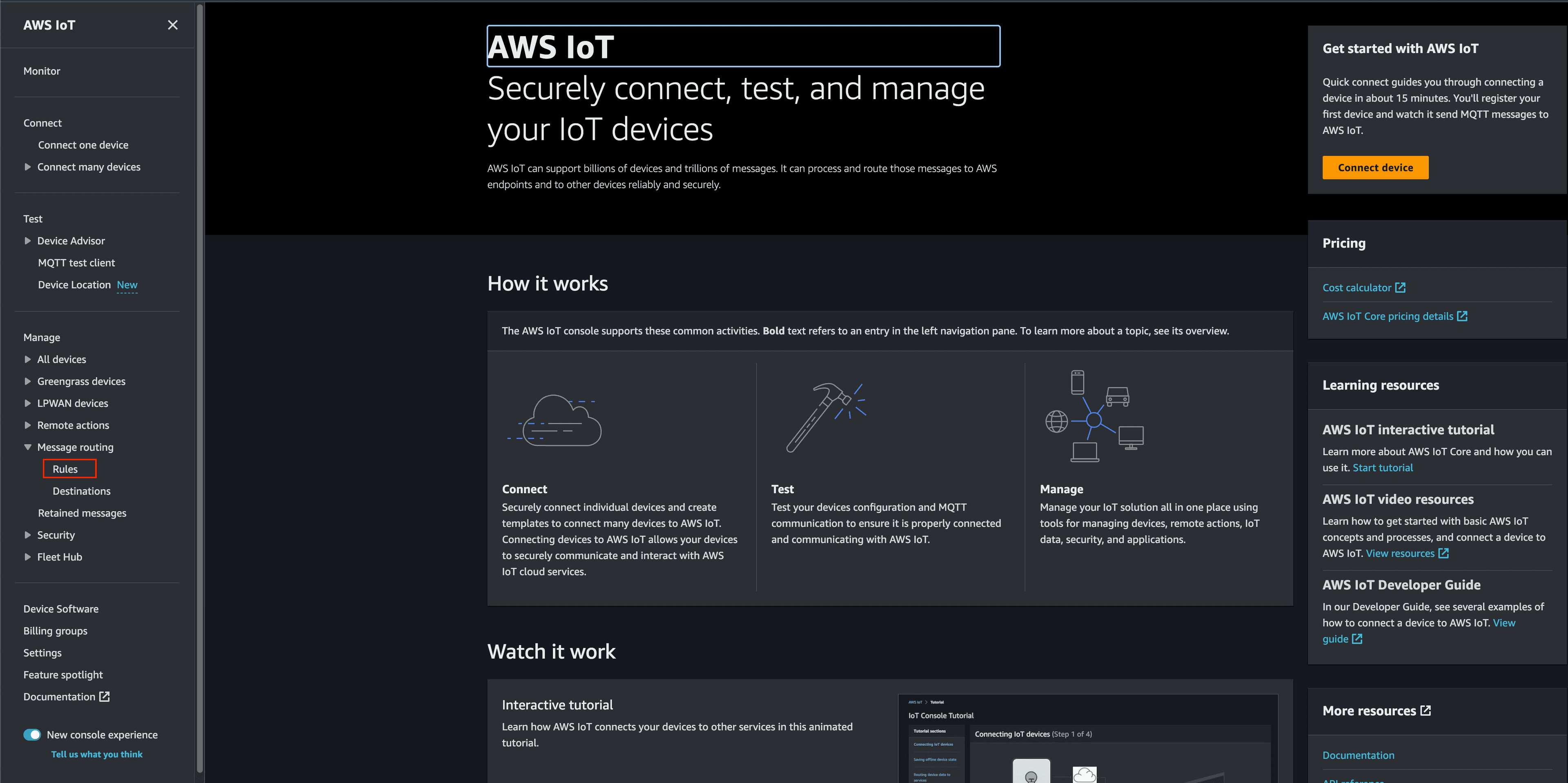 AWS IoT Core Console showing location of Rules Engine