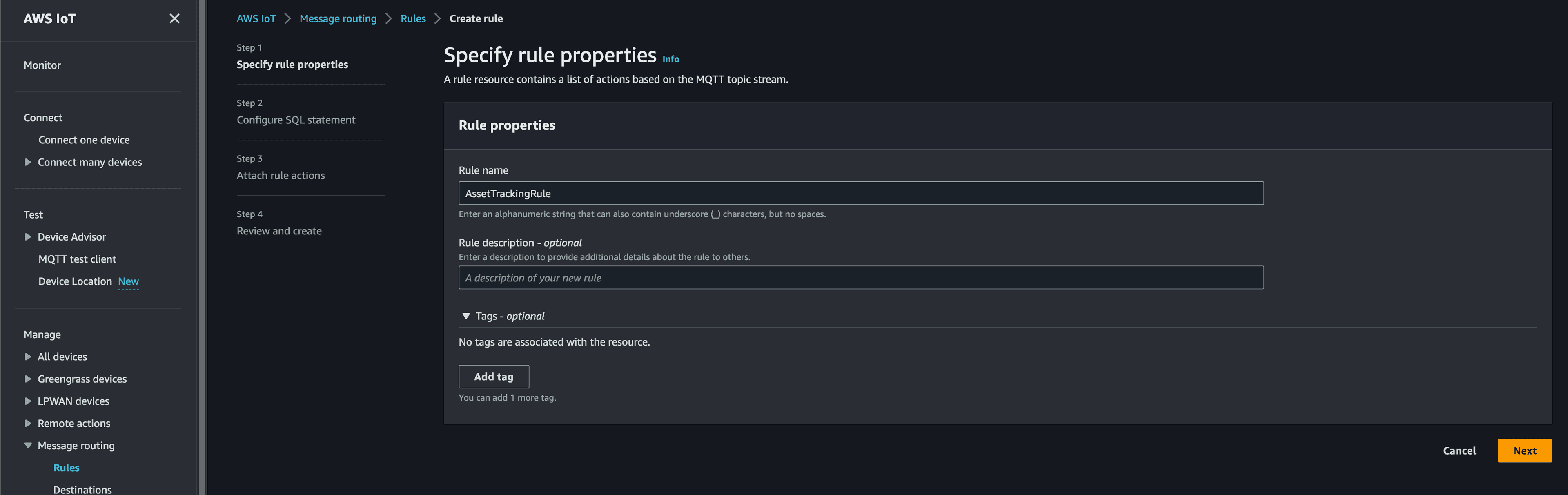 AWS IoT Core Console showing specifying a rules properties