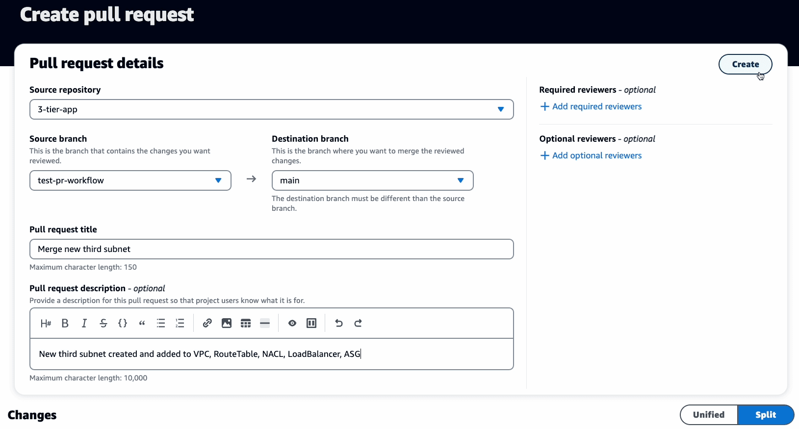 CodeCatalyst Create Pull request Dialog