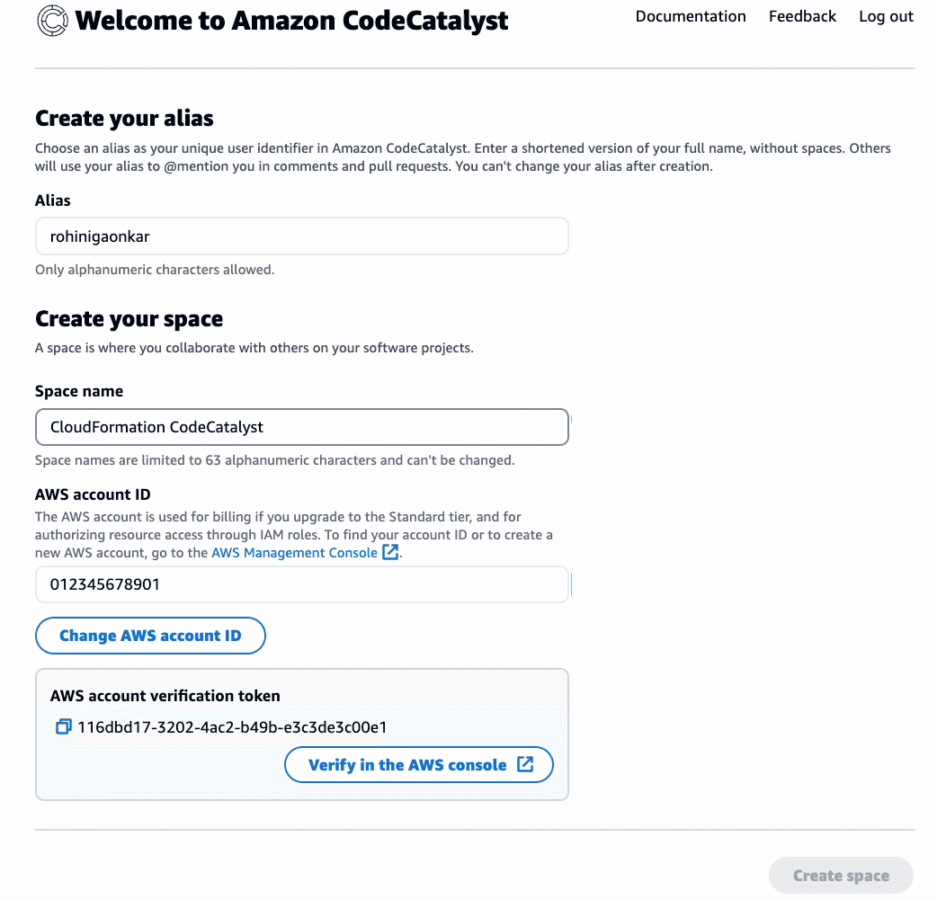 CodeCatalyst Create Space dialog