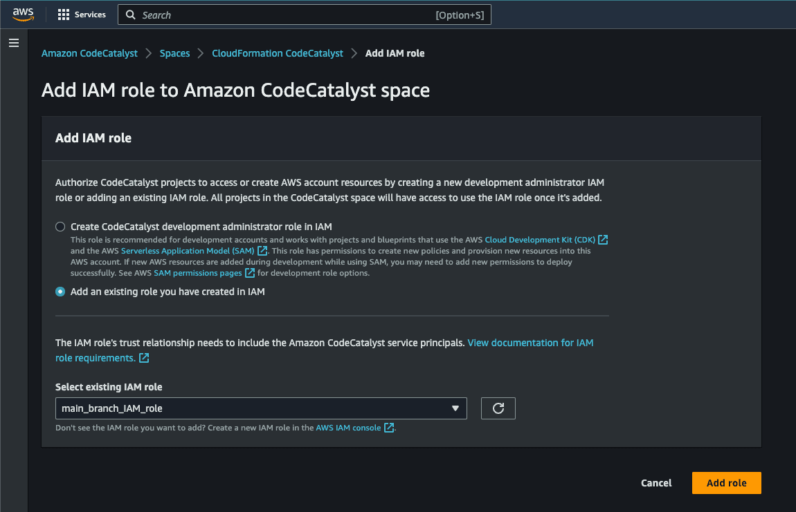 Console Add IAM role to Amazon CodeCatalyst space dialog